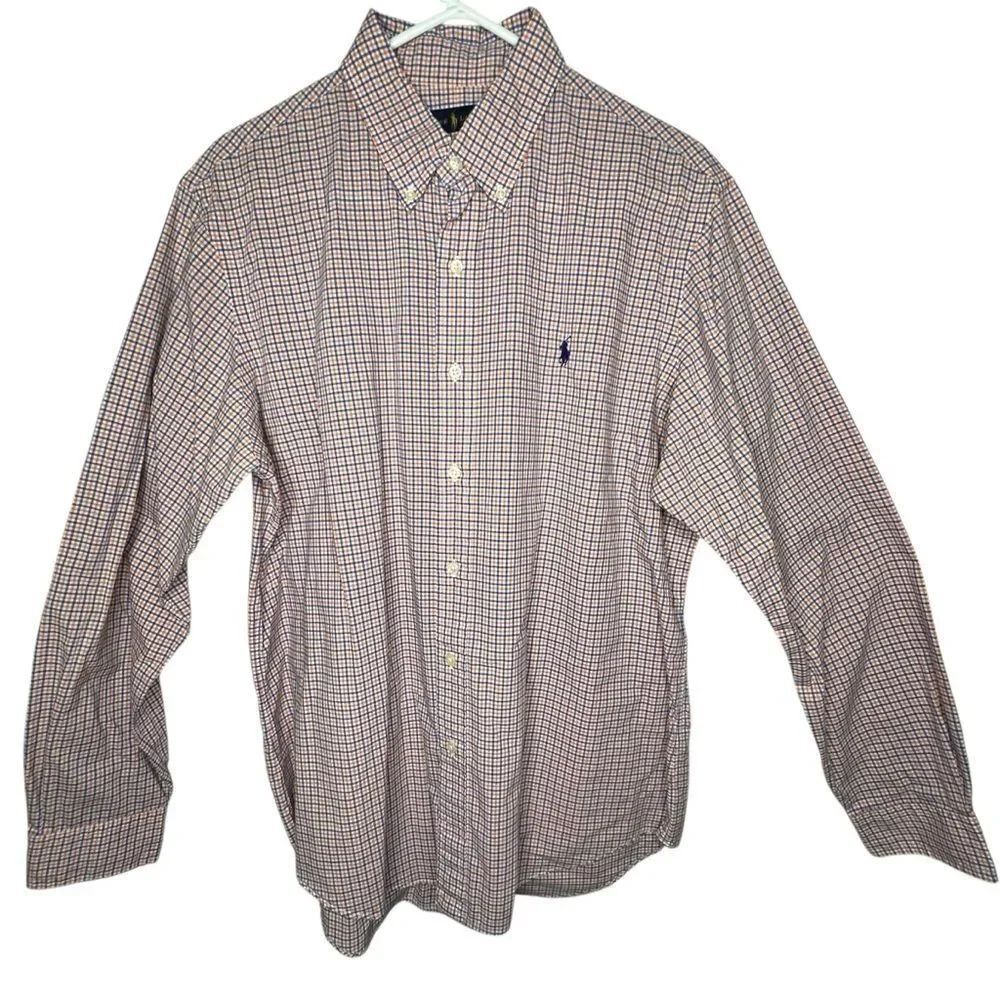 Ralph Lauren Orange/Blue Plaid Button Down Dress Up Shirts Men Size L Gingham